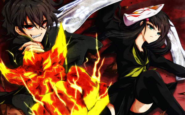A dynamic HD wallpaper featuring characters from the anime Twin Star Exorcists, showcasing intense expressions and vibrant action with fiery and mystical elements in the background.