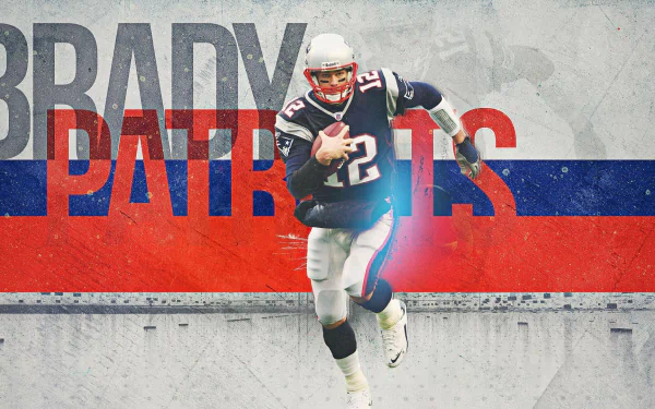 HD wallpaper featuring an action shot of a football player with the text BRADY and PATRIOTS on a grunge-style background.