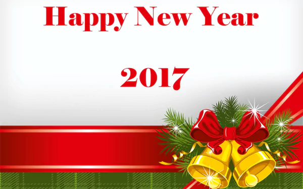 HD PC desktop wallpaper featuring golden bells with red bows and pine branches, red ribbon, and Happy New Year 2017 text for a festive New Year holiday theme.