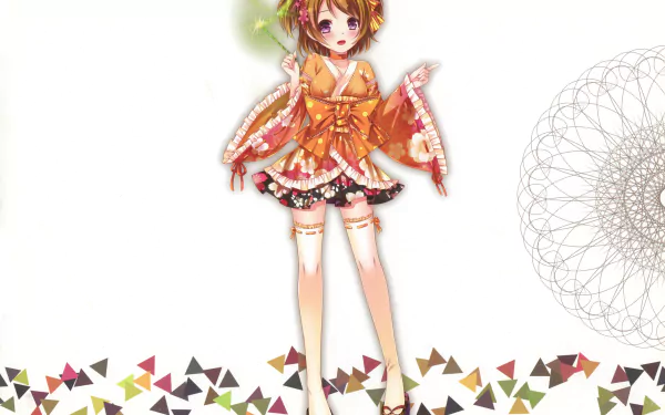HD PC wallpaper featuring Hanayo Koizumi from the anime Love Live!, dressed in an orange kimono with colorful geometric patterns on a white background.