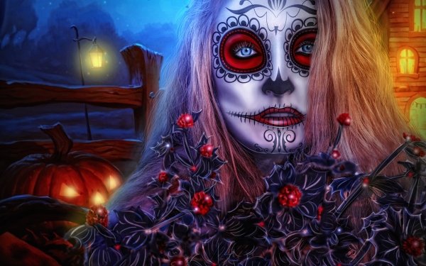 Artistic Sugar Skull Halloween Face Blonde Blue Eyes Night HD Wallpaper | Background Image