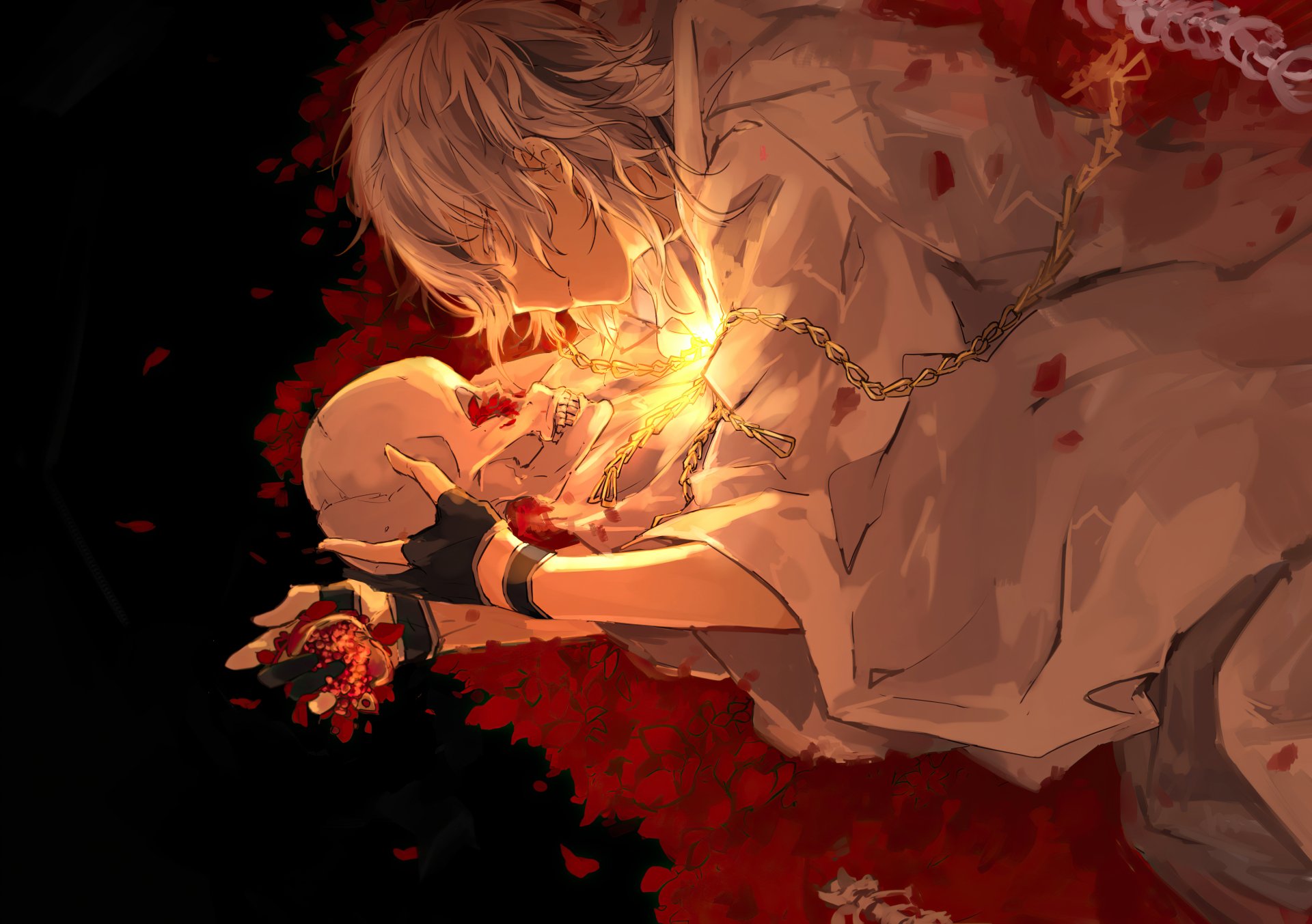 HD anime desktop wallpaper featuring Tsurumaru Kuninaga from Touken Ranbu, depicted with glowing light and holding a skull against a dark, red-accented background.