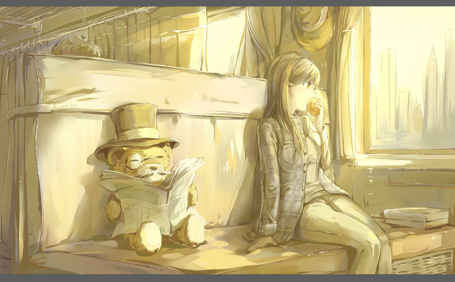Anime original HD PC desktop wallpaper and background: warm, sunlit train interior with a girl eating an apple beside a hat-wearing stuffed creature reading a newspaper.