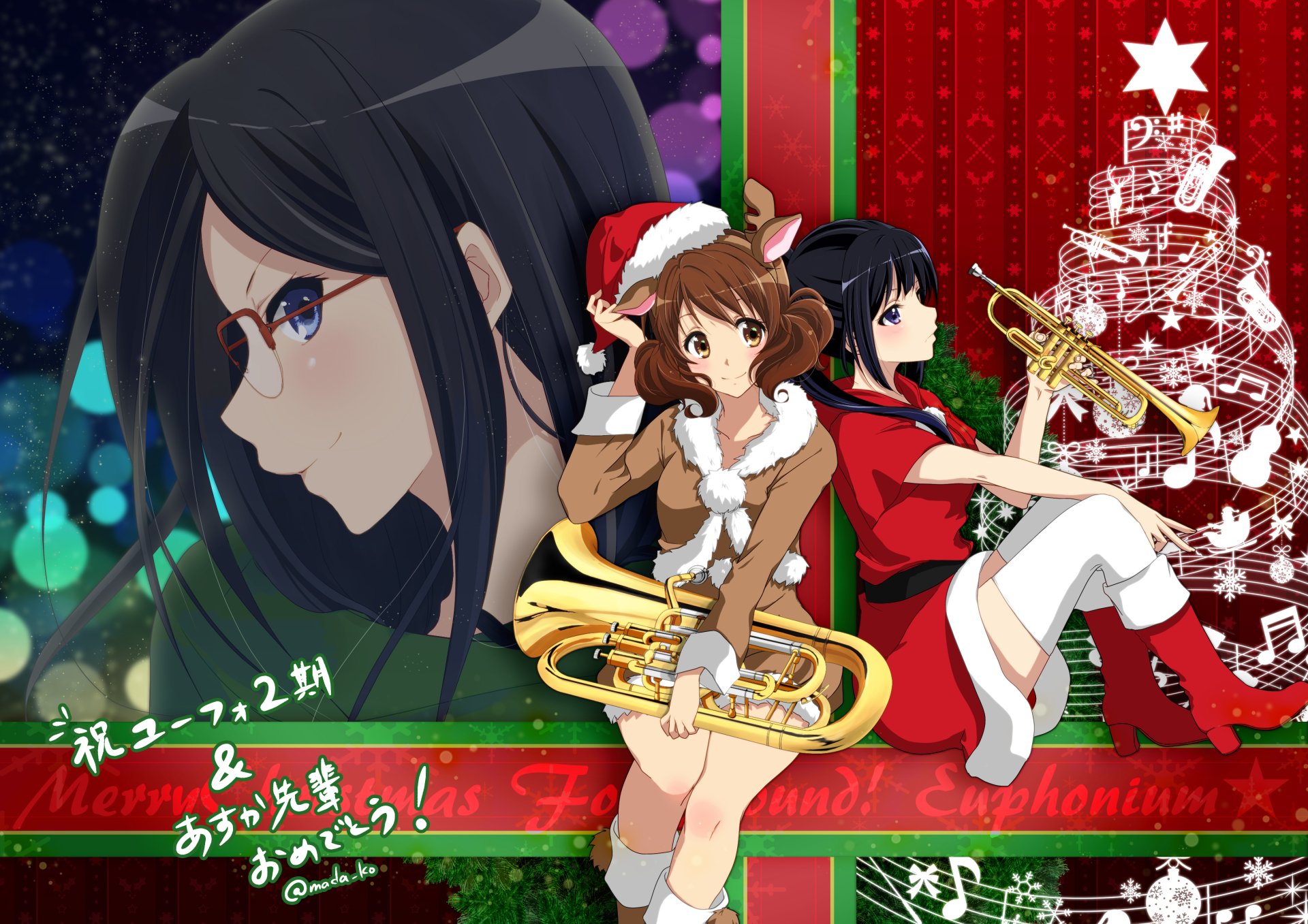 Anime Christmas HD wallpaper featuring Reina Kousaka, Asuka Tanaka, and Kumiko Oumae from Sound! Euphonium in holiday attire with festive decorations and instruments.