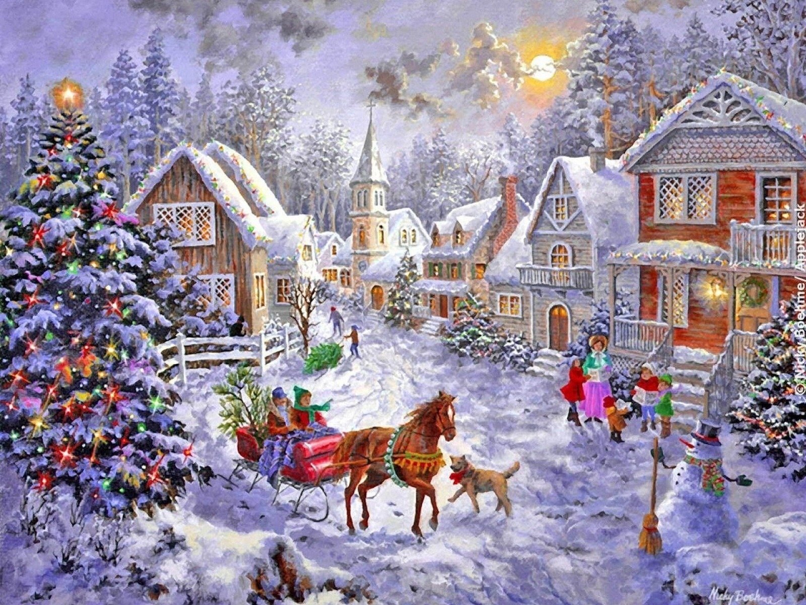 Artistic Christmas painting depicting a snowy village scene with decorated homes, a horse-drawn sleigh, and a festive tree, captured as an HD PC desktop wallpaper.