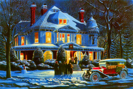 A vintage car parked outside a retro-style house decorated for Christmas during a snowy holiday evening, captured in HD for a PC desktop wallpaper background.