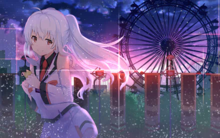 HD wallpaper of Isla from Plastic Memories. She is depicted under a vibrant night sky with the background featuring a Ferris wheel and vivid lights.