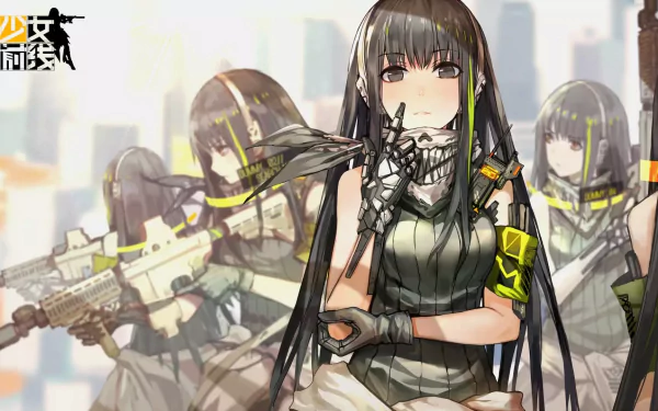HD desktop wallpaper of M4A1 from the video game Girls' Frontline, featuring the character in different poses against a cityscape background.
