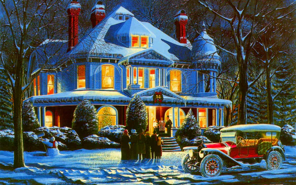 A vintage car parked outside a retro-style house decorated for Christmas during a snowy holiday evening, captured in HD for a PC desktop wallpaper background.