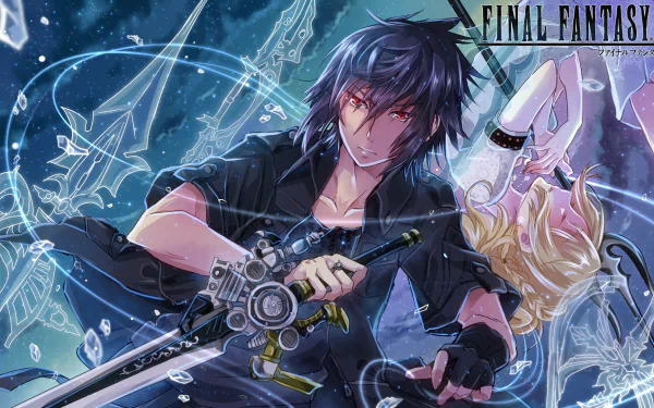 HD desktop wallpaper featuring Lunafreya Nox Fleuret and Noctis Lucis Caelum from the video game Final Fantasy XV, showcasing dynamic artwork with them in action.