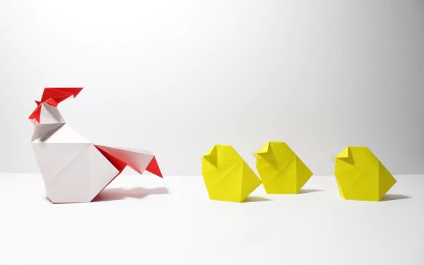 Origami artwork of a chicken and three yellow chicks, captured in 4K Ultra HD resolution as a clean PC desktop wallpaper and background.