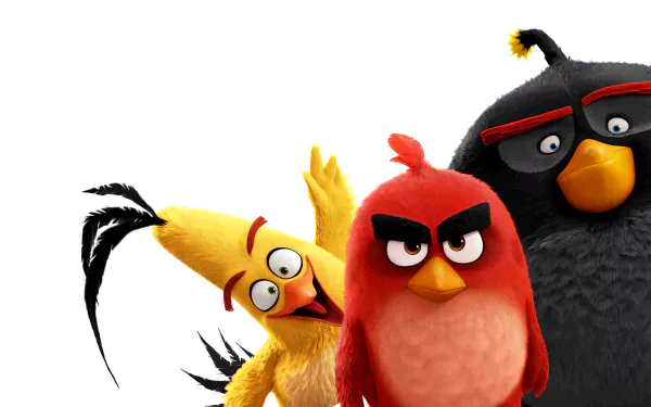HD desktop wallpaper featuring characters from The Angry Birds Movie with Bomb, Red, and Chuck posing against a white background.