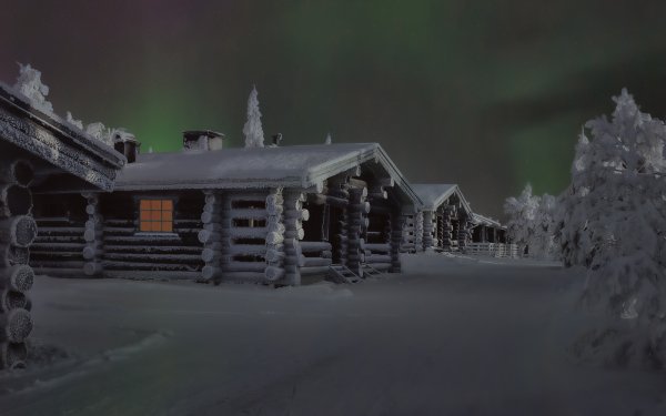 Man Made Cabin Snow Winter Aurora Borealis Night Earth Sky HD Wallpaper | Background Image