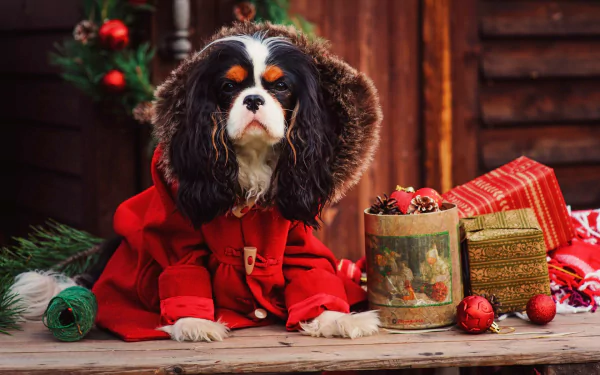 A King Charles Spaniel puppy dressed in red sits among Christmas ornaments and festive wrapped gifts, creating a cozy holiday scene in HD desktop wallpaper quality.