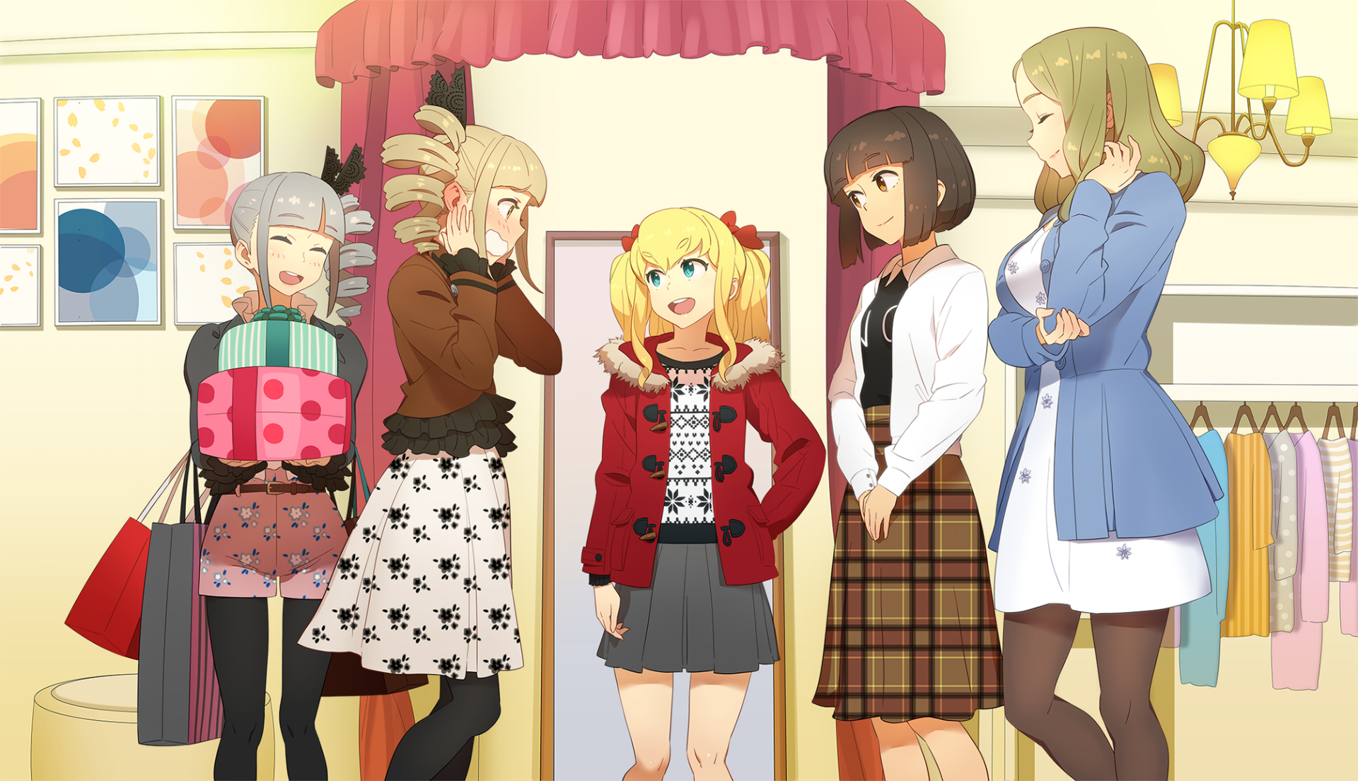 HD anime wallpaper from Schoolgirl Strikers: Animation Channel featuring five diverse female characters in stylish outfits inside a cozy room.