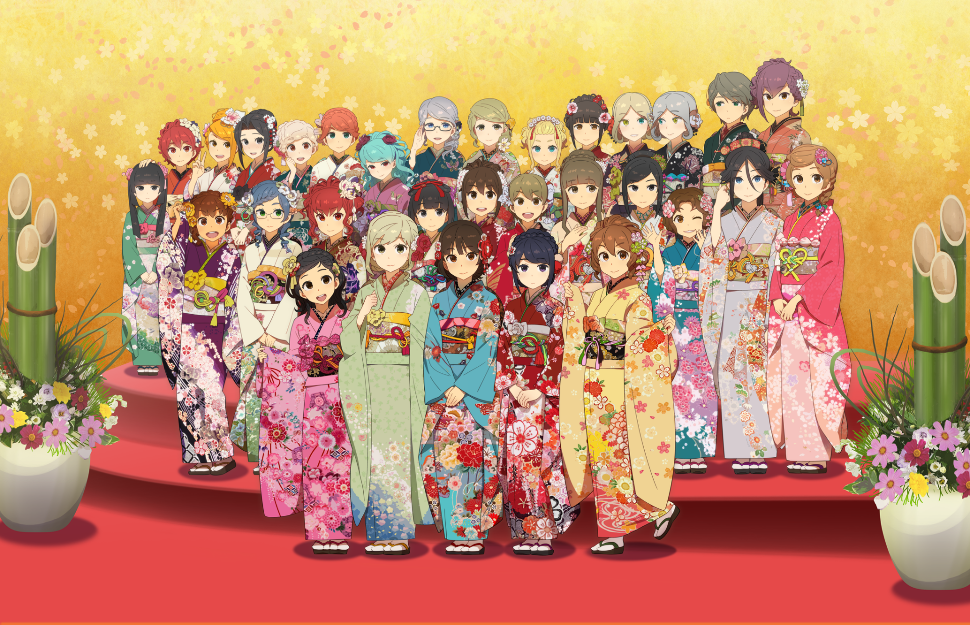 Anime: Schoolgirl Strikers: Animation Channel — HD PC desktop wallpaper of a large group of schoolgirl characters in colorful kimonos on a red stage with bamboo and floral decor.