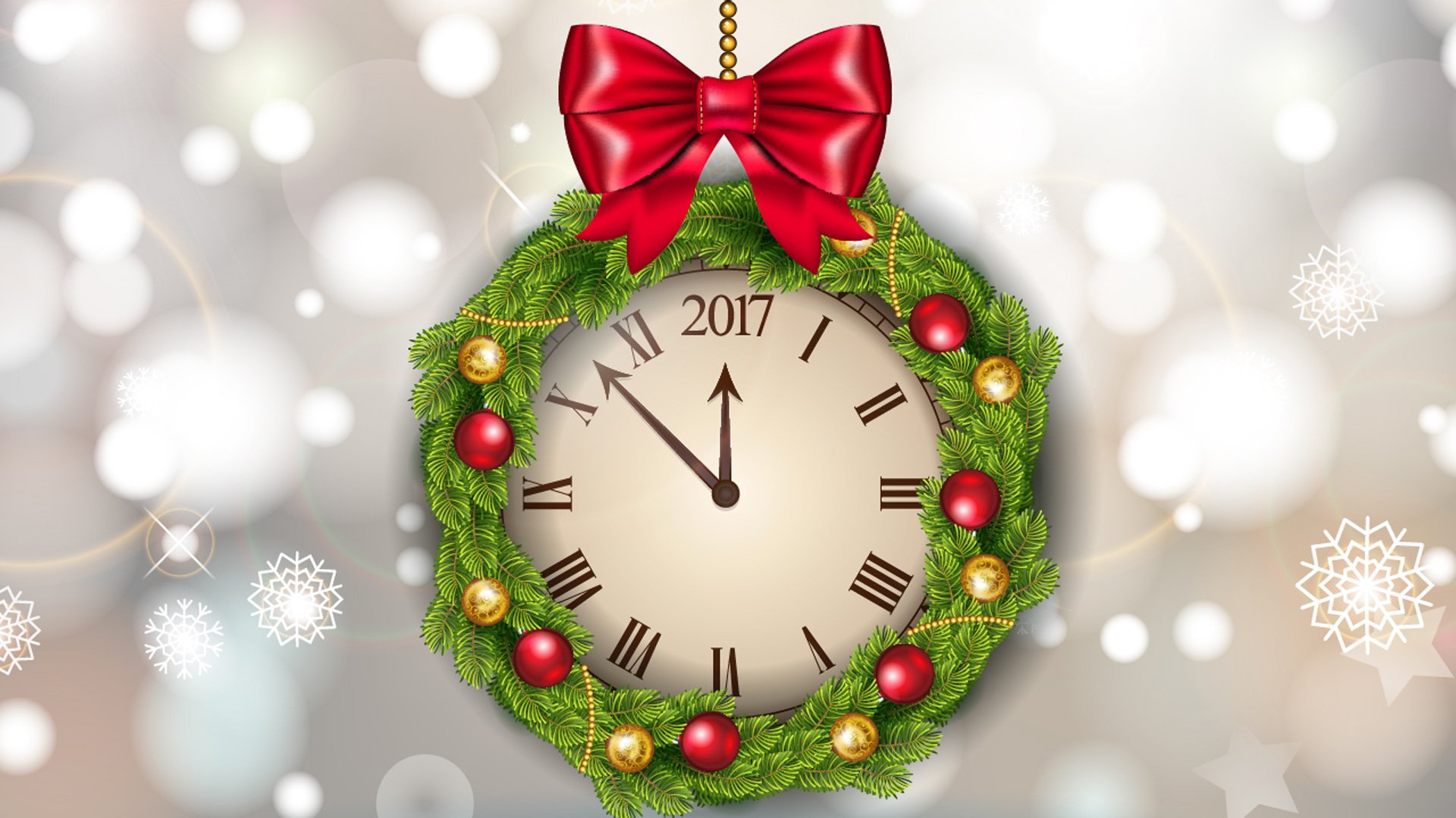 HD desktop wallpaper featuring a festive clock encircled by a holiday wreath, with the year 2017 displayed and adorned with a red bow and ornaments, symbolizing the New Year celebration.