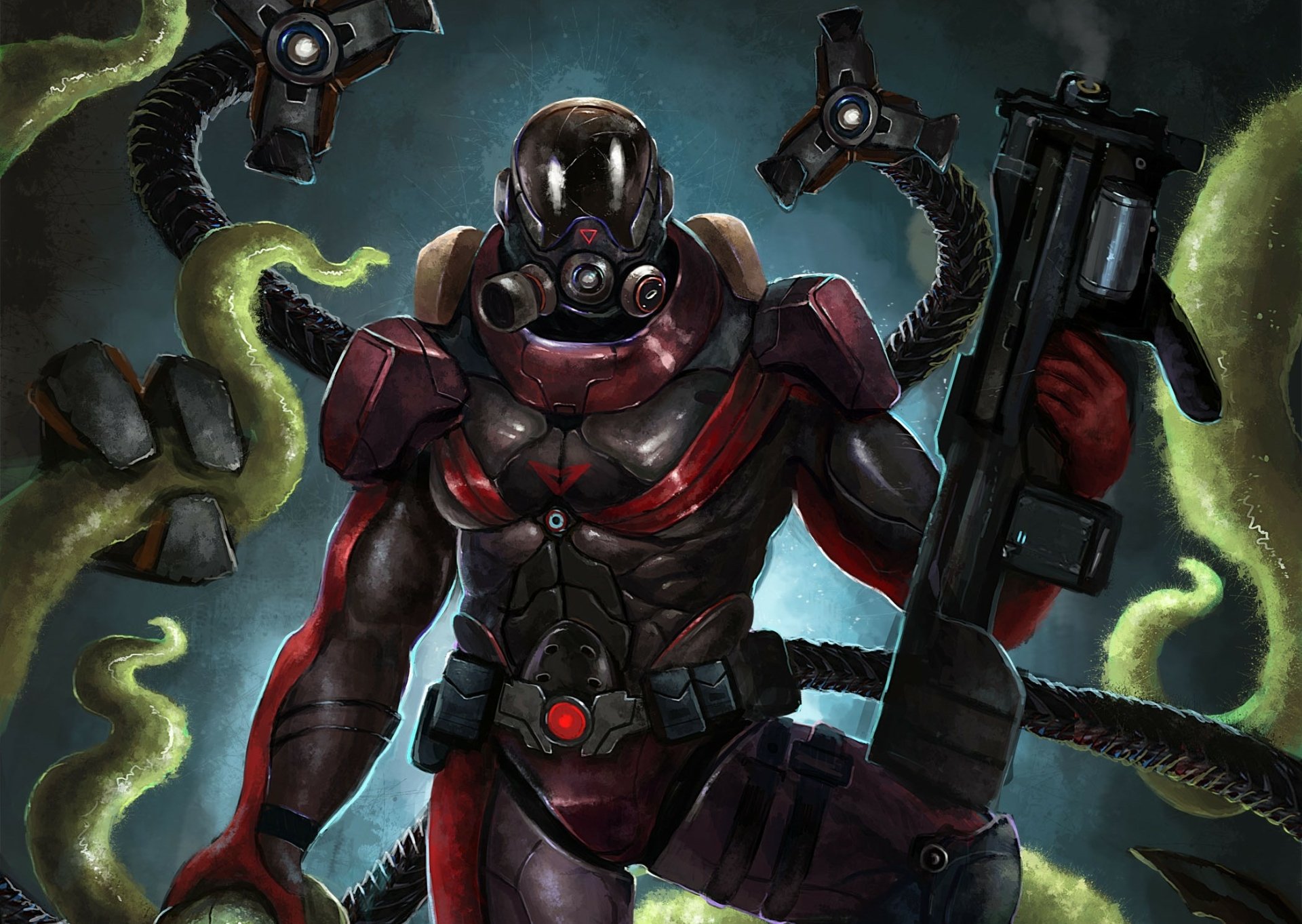 HD PC desktop wallpaper of a sci-fi warrior in a red space suit wielding a heavy futuristic weapon, tentacle cables twisting in a dark alien backdrop.