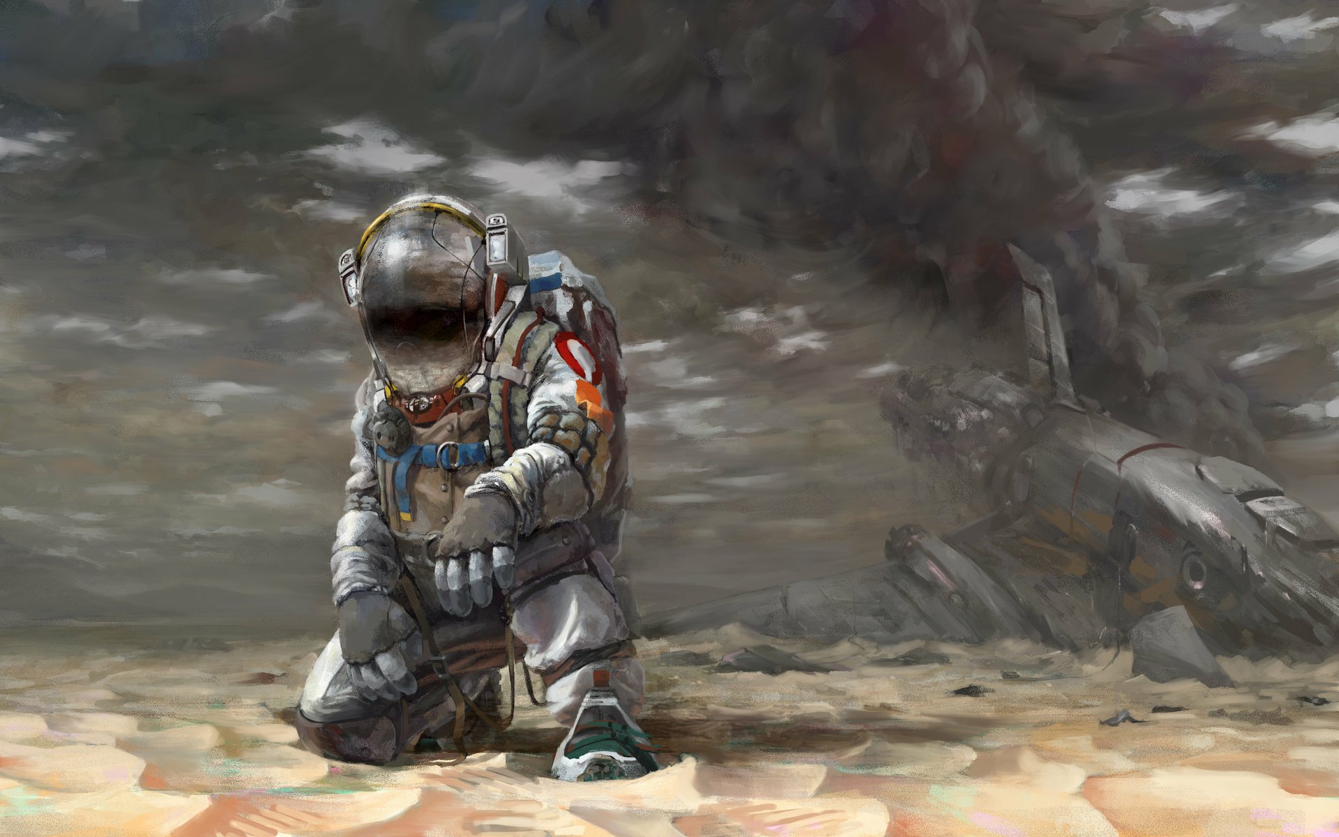 HD desktop wallpaper featuring an astronaut crouched on an alien landscape with a spaceship in the background.