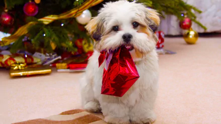 A fluffy puppy holds a red gift bag in its mouth, sitting near a decorated Christmas tree with ornaments, capturing a festive holiday scene in HD desktop wallpaper style.