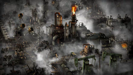 HD desktop wallpaper showcasing an intricate Factorio game base with machinery and a flame tower amid a smoky environment.