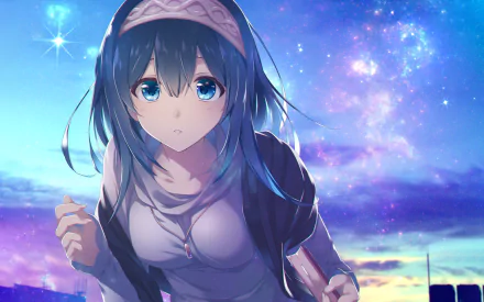 HD desktop wallpaper featuring Fumika Sagisawa from the anime The iDOLM@STER Cinderella Girls, set against a vibrant, starry night sky.