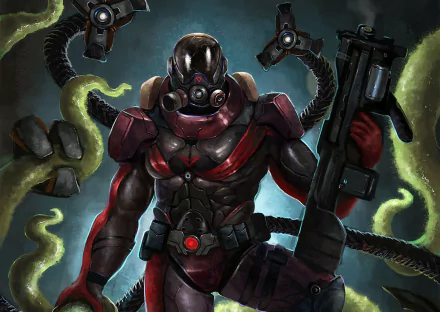 HD PC desktop wallpaper of a sci-fi warrior in a red space suit wielding a heavy futuristic weapon, tentacle cables twisting in a dark alien backdrop.