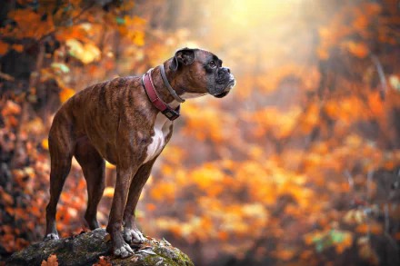 HD desktop wallpaper featuring a brindle boxer dog standing on a rock with a blurred autumn forest background showcasing warm orange and yellow tones.