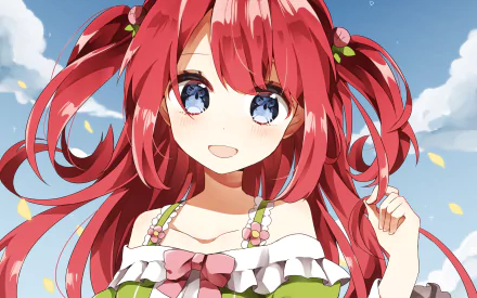 HD wallpaper of Theresia van Astrea from Re:Zero - Starting Life in Another World anime, featuring her with red hair and blue eyes, smiling against a bright sky backdrop.