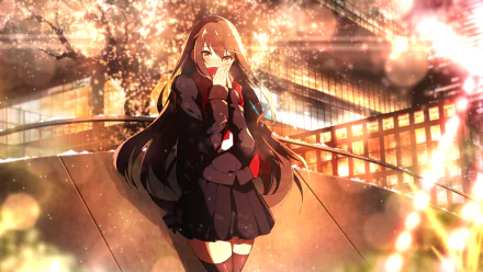HD wallpaper of an anime girl with long hair and a blush, standing in front of a sparkling cityscape at night, offering a warm and enchanting scene for your desktop background.
