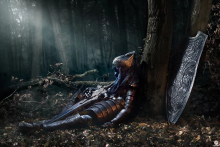 HD desktop wallpaper featuring Artorias, a knight from Dark Souls, resting against a tree in a dark, misty forest.