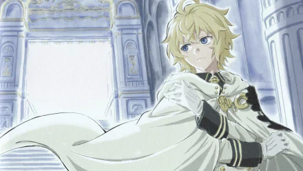 HD desktop wallpaper featuring Mikaela Hyakuya from the anime Seraph of the End, standing in an elegant, grand architectural setting, with flowing blond hair and a white cape.