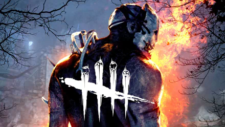 HD Dead by Daylight wallpaper featuring a silhouette of a killer with weapons on his back against a fiery backdrop.
