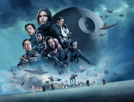 HD desktop wallpaper of Rogue One: A Star Wars Story featuring main characters, starships, and the Death Star in the background, set against a cosmic battlefield.