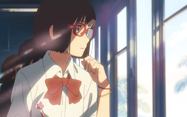 Anime-style HD PC desktop wallpaper featuring a thoughtful girl with glasses and a red bow sitting by a window, capturing a serene Cross Road moment.