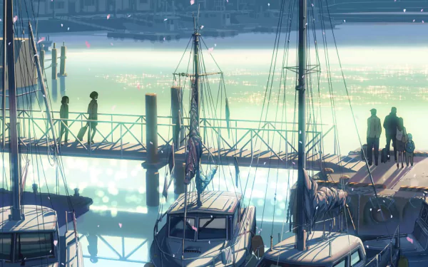 Anime Cross Road HD PC desktop wallpaper: twilight harbor with sailboats, sparkling water, wooden piers and silhouetted figures crossing between docks.