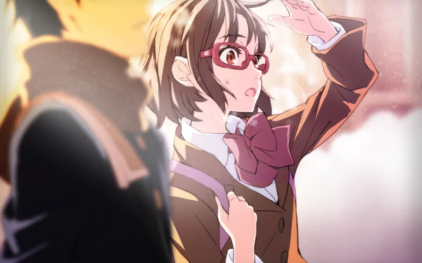 Anime-style HD PC desktop wallpaper from Cross Road, featuring a surprised girl with glasses and a bow tie, bathed in warm sunlight.