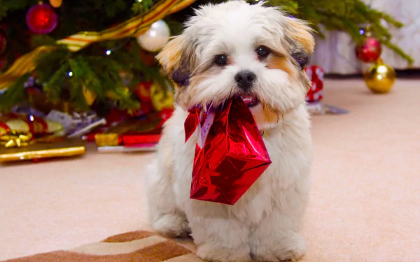 A fluffy puppy holds a red gift bag in its mouth, sitting near a decorated Christmas tree with ornaments, capturing a festive holiday scene in HD desktop wallpaper style.