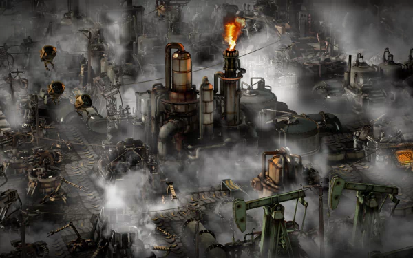 HD desktop wallpaper showcasing an intricate Factorio game base with machinery and a flame tower amid a smoky environment.