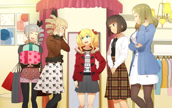 HD anime wallpaper from Schoolgirl Strikers: Animation Channel featuring five diverse female characters in stylish outfits inside a cozy room.