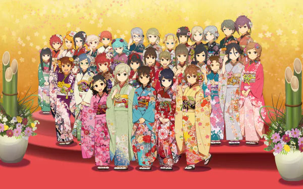 Anime: Schoolgirl Strikers: Animation Channel — HD PC desktop wallpaper of a large group of schoolgirl characters in colorful kimonos on a red stage with bamboo and floral decor.