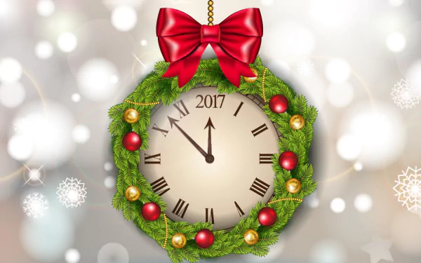 HD desktop wallpaper featuring a festive clock encircled by a holiday wreath, with the year 2017 displayed and adorned with a red bow and ornaments, symbolizing the New Year celebration.