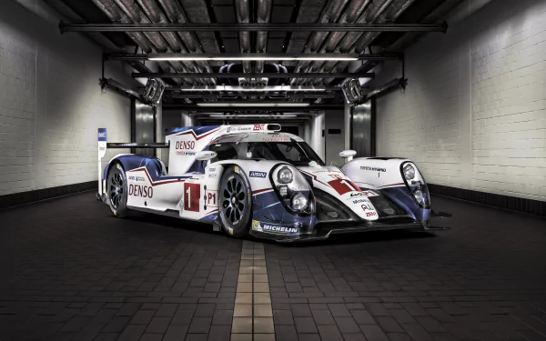 Toyota TS040 Hybrid race car in a dim garage, presented as a 4K Ultra HD PC desktop wallpaper and background highlighting the endurance-racing vehicle.