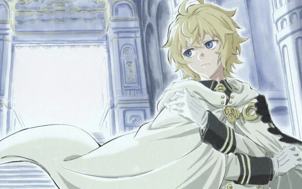 HD desktop wallpaper featuring Mikaela Hyakuya from the anime Seraph of the End, standing in an elegant, grand architectural setting, with flowing blond hair and a white cape.