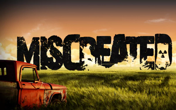 HD wallpaper of Miscreated game logo with a rustic truck in a grassy field during sunset.