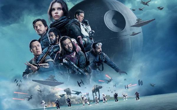HD desktop wallpaper of Rogue One: A Star Wars Story featuring main characters, starships, and the Death Star in the background, set against a cosmic battlefield.