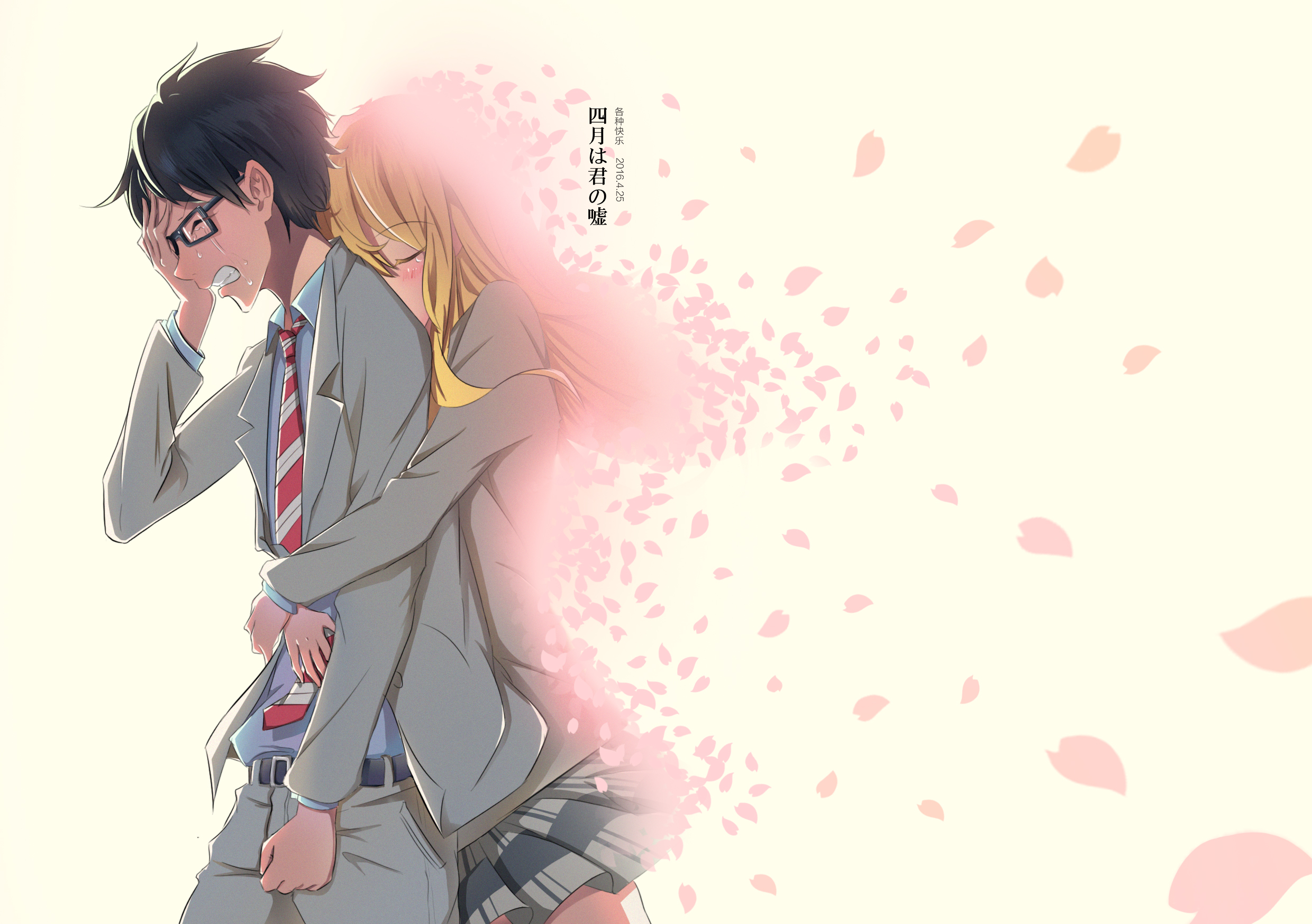 Wallpaper the sky, petals, pair, Shigatsu wa Kimi no Uso, Your April lie  for mobile and desktop, section сёдзё, resolution 1920x1080 - download