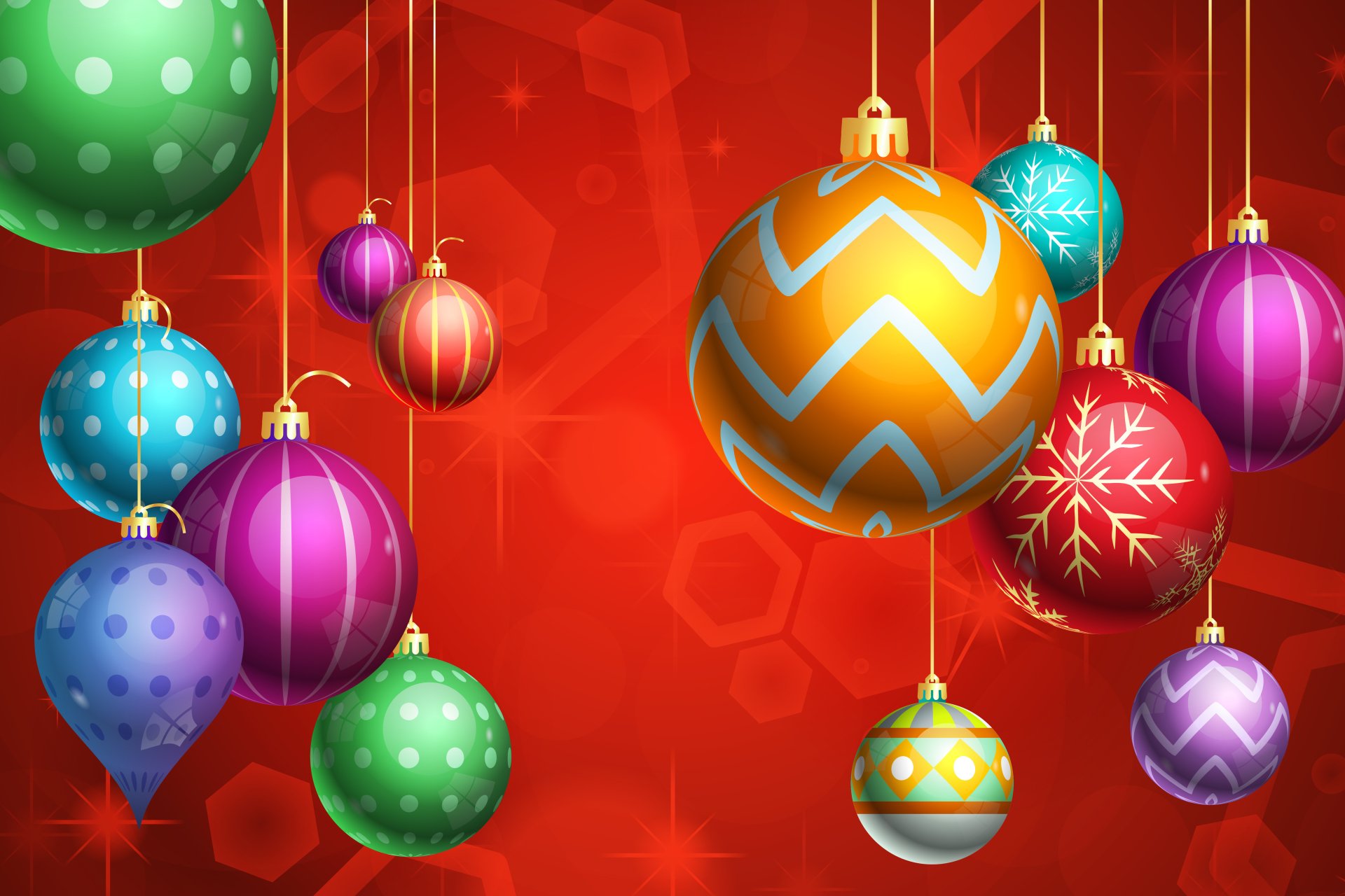 Vibrant 4K Ultra HD Christmas holiday wallpaper featuring colorful hanging ornaments against a red background with subtle festive patterns.