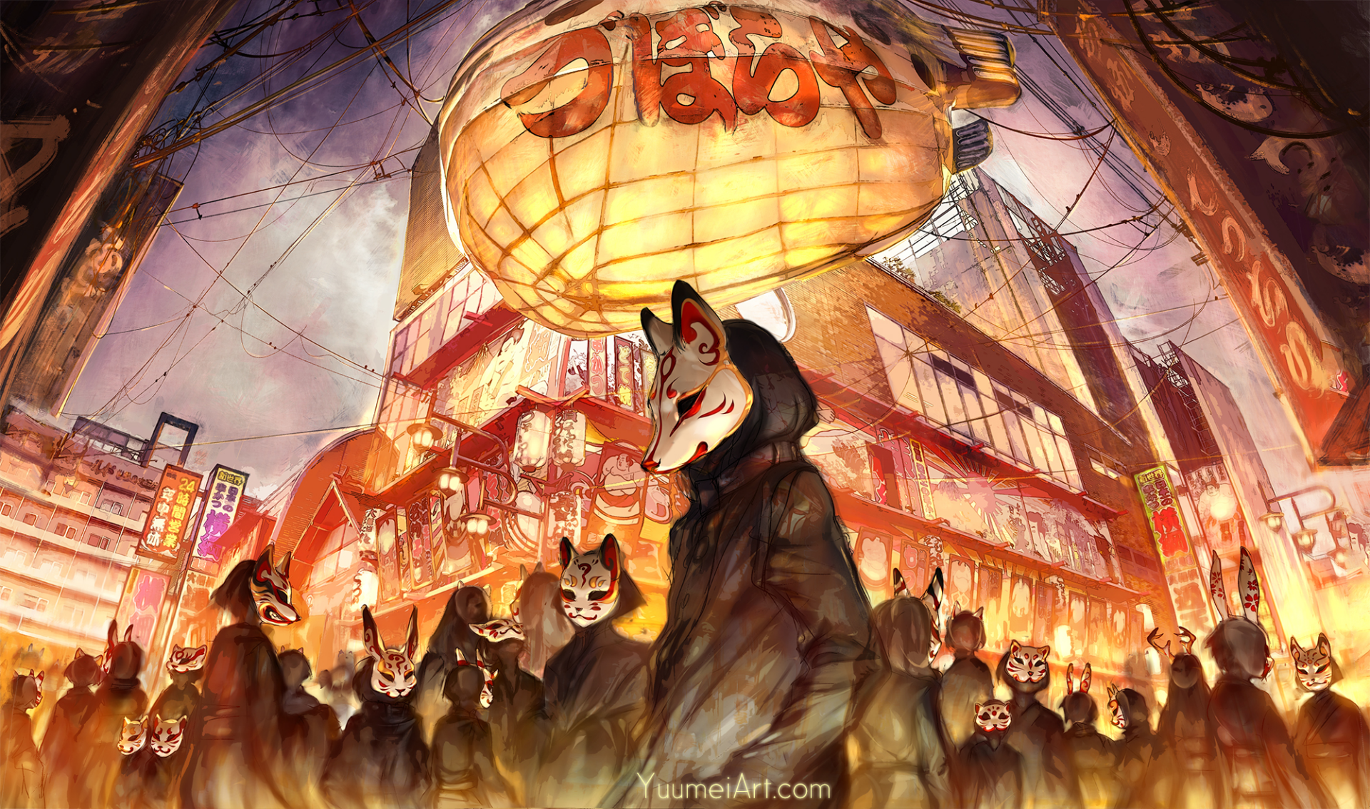 HD anime wallpaper featuring a masked figure in a hoodie, surrounded by similarly masked individuals in an illuminated urban setting. The artwork exudes an original, mysterious atmosphere.