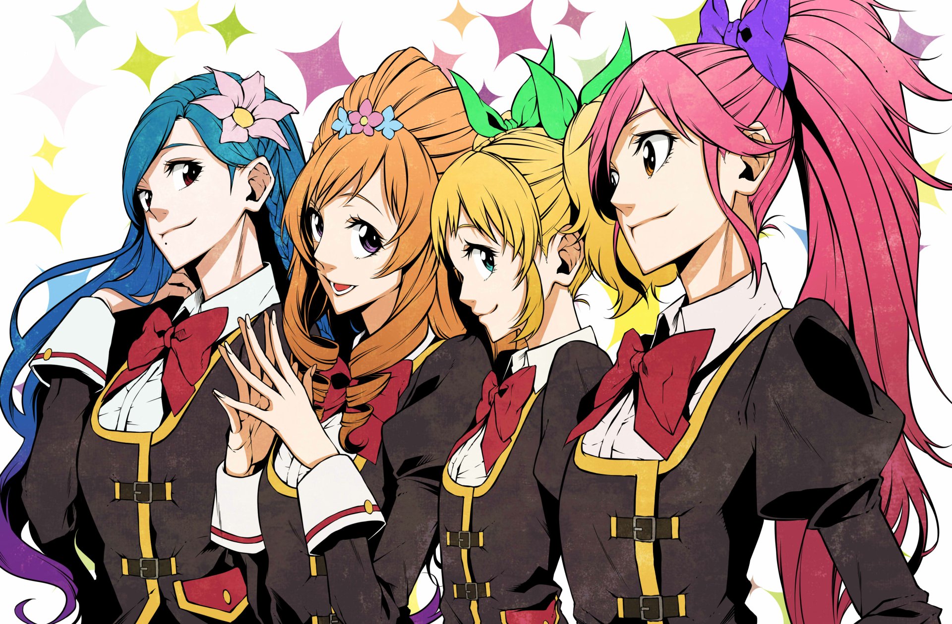 Four Aikatsu! anime girls in matching dark uniforms with red bows, colorful hair and bright expressions — 2K Quad HD PC desktop wallpaper/background.